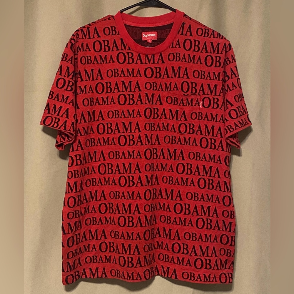 Supreme Men’s Obama Jacquard T-Shirt Short Sleeve All Over Print Red Size Large